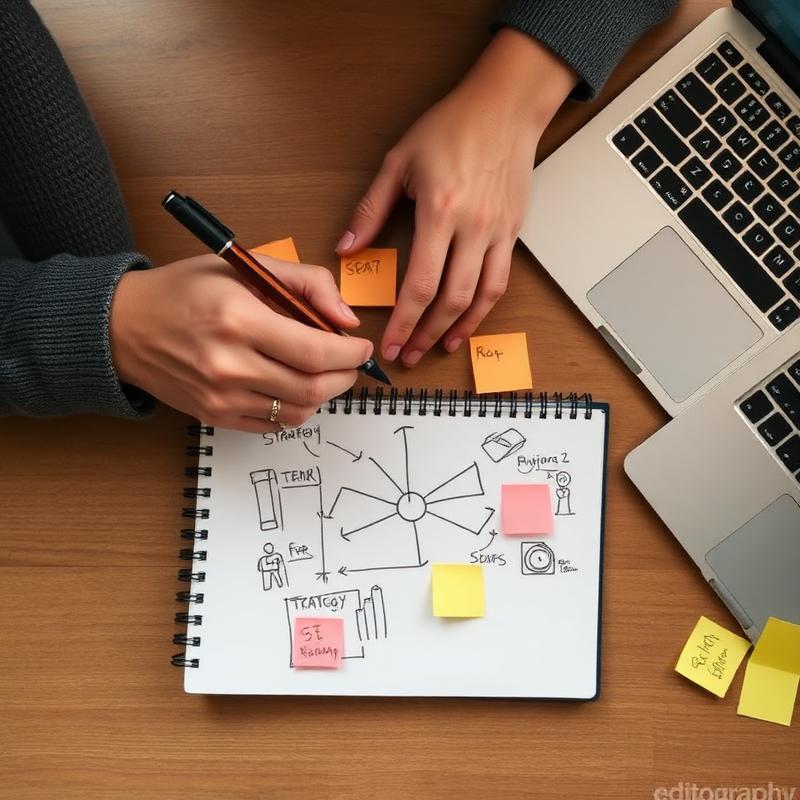 Hands sketching a strategy plan in a notebook