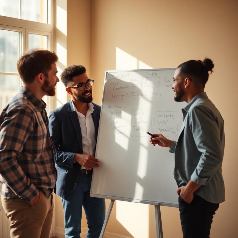A small team collaborating around a whiteboard